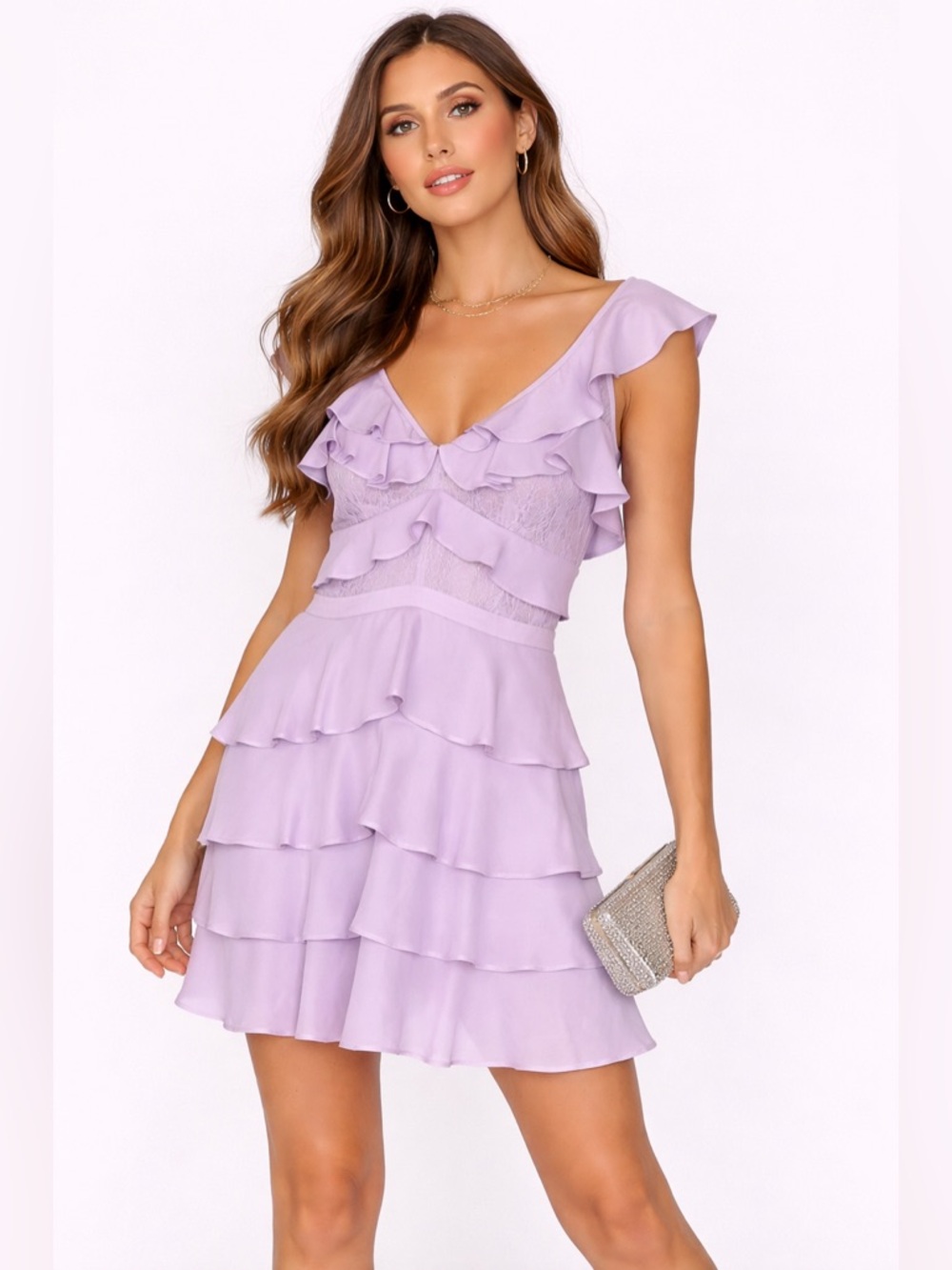 Bardot Babylon Lilac Ruffle Mini Dress Lace Trim Sz 4 Cottagecore Coquette